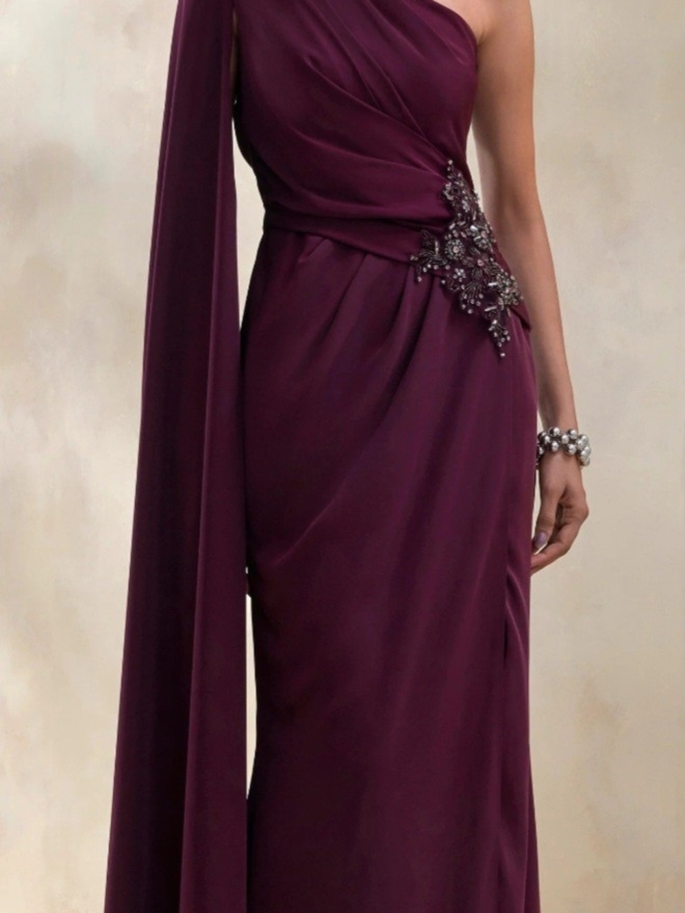 Club L London One-Shoulder Plum Evening Gown with Beaded Waist Applique